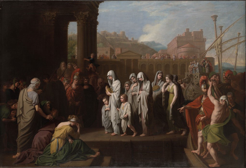 Veiled Agrippina holding an urn beside two children, surrounded by mourners and soldiers in a classical harbour, with a ship at right and distant spectators above.