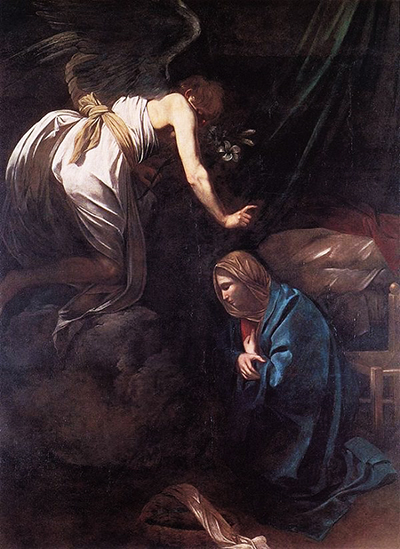 Gabriel descends toward a kneeling Mary in Caravaggio’s Annunciation, Musée des Beaux-Arts de Nancy.