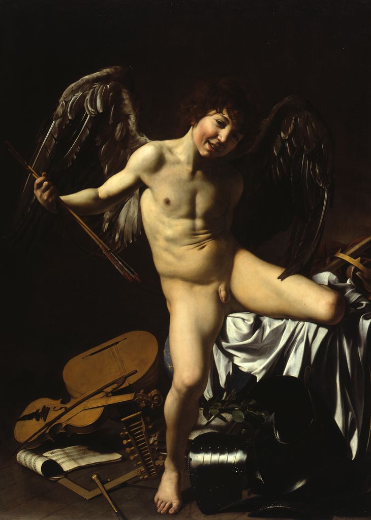 Caravaggio, Amor Victorious: a smiling winged boy steps over scattered instruments, manuscripts, geometry tools and armour.