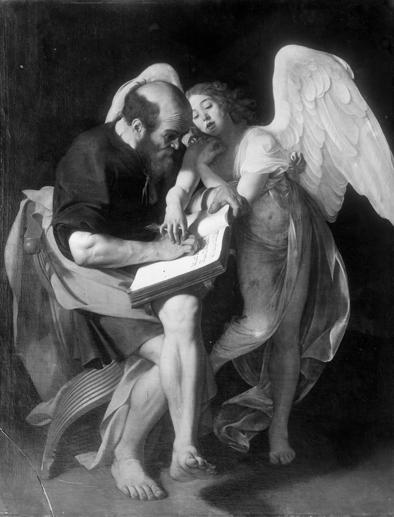 A historical photograph shows Saint Matthew bent over a book as an angel guides his hand.