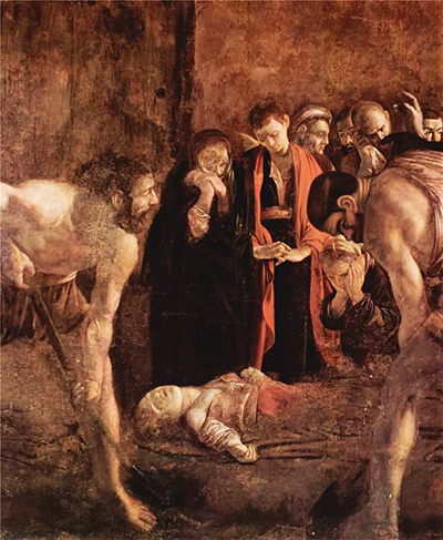 Caravaggio’s Burial of Saint Lucy, with gravediggers dominating the foreground and mourners beside the saint.