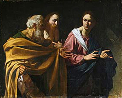 Christ gestures toward Peter and Andrew, two fishermen beside a boat.