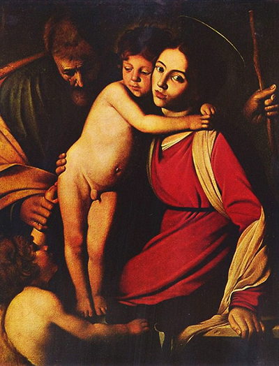 Mary holds the infant Jesus as the young John approaches, with Joseph partly in shadow beside them.