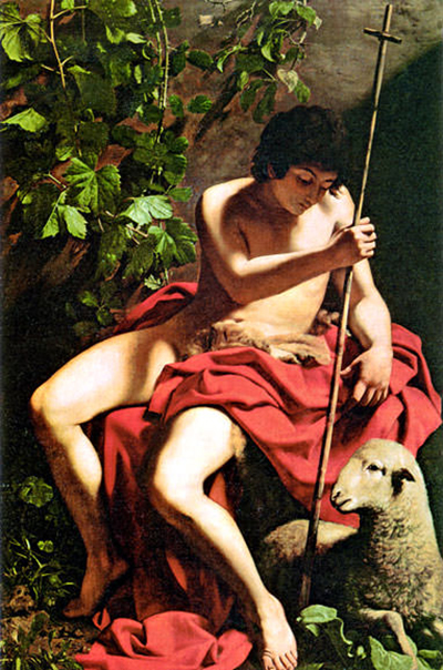 Young John sits beneath vine leaves with a reed cross, red cloth and a lamb beside him.