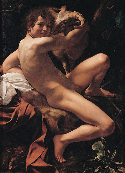 A smiling young John twists to embrace a horned ram above white and red drapery.