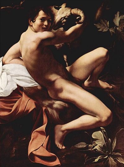 A young figure turns to embrace a horned ram, with white and red drapery beneath him.