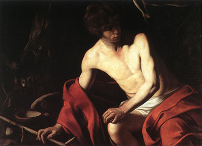 A seated young John leans into shadow beside a bowl and reed, with red cloth across his lower body.
