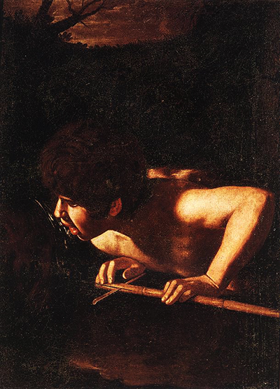 A young John bends to drink at a spring, holding a reed across the foreground, with dark landscape behind.