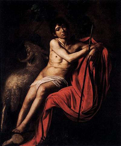 A young John sits on red drapery beside a ram while holding a slender reed.