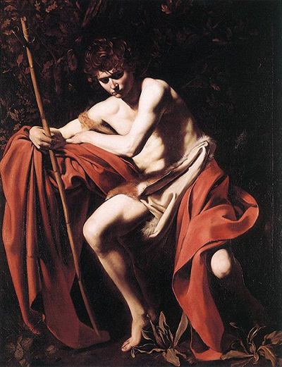 Caravaggio’s Kansas City Saint John the Baptist sits with lowered head, holding a reed cross over red cloth.