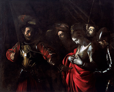 Caravaggio’s Martyrdom of Saint Ursula: the saint touches the arrow wound in her chest amid clustered figures.