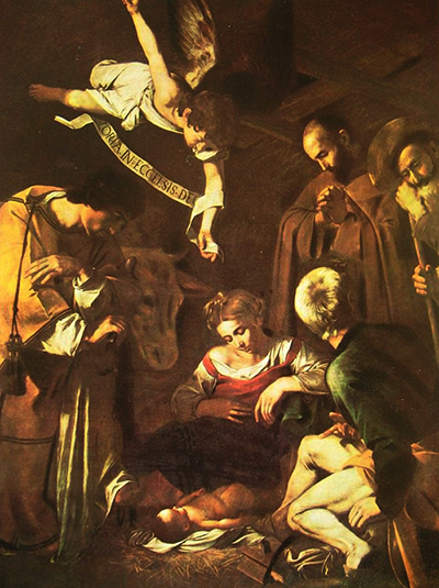 Historic reproduction of a Nativity scene with Mary and the infant Jesus, saints and an angel; the original painting is missing.
