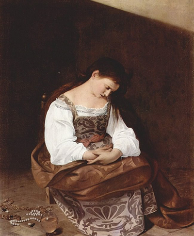 A seated woman bows her head with hands in her lap; pearls, jewellery and an ointment vessel lie on the floor in Caravaggio’s Penitent Mary Magdalene.
