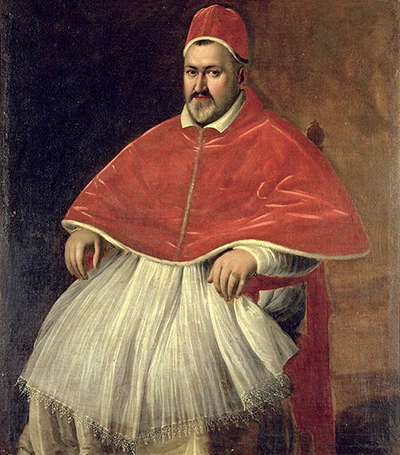 Pope Paul V sits in red and white papal clothes with his hands resting before him.