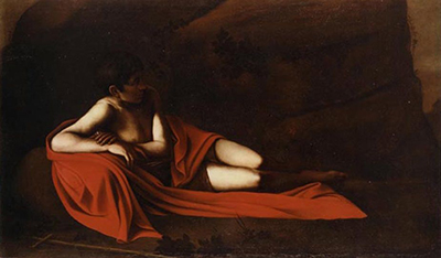 A young figure reclines horizontally in deep shadow under a broad red drape.