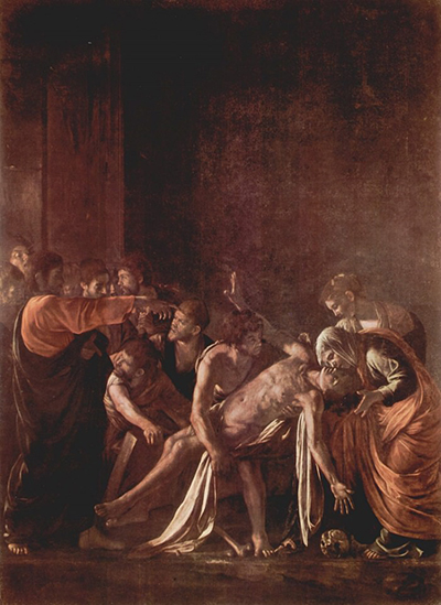 Caravaggio’s Resurrection of Lazarus, with Christ pointing toward the revived man supported by a group of witnesses.