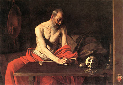 Caravaggio’s Saint Jerome writing at a desk beside a skull, St John’s Co-Cathedral, Valletta.