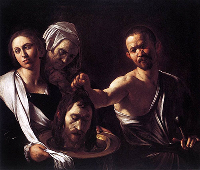 London Salome in pale drapery receives the Baptist’s head from the executioner.