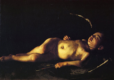 Caravaggio’s Cupid sleeps on his side beside his bow and arrows against a dark background.