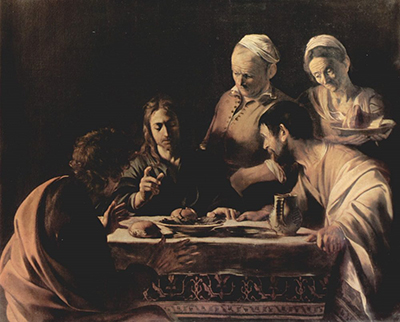 Christ blesses bread at a dark supper table as two disciples and two standing figures gather around.