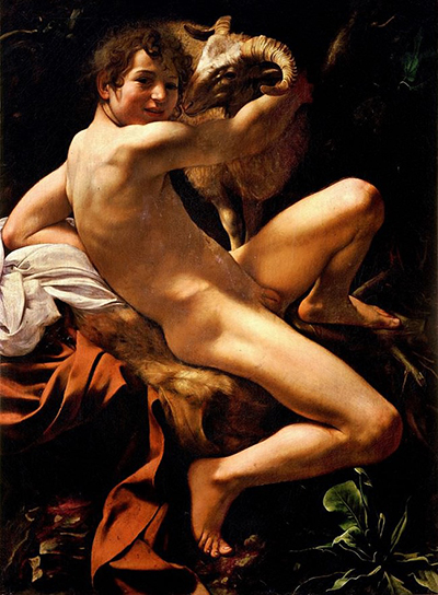A smiling young John twists to embrace a horned ram above white and red drapery.