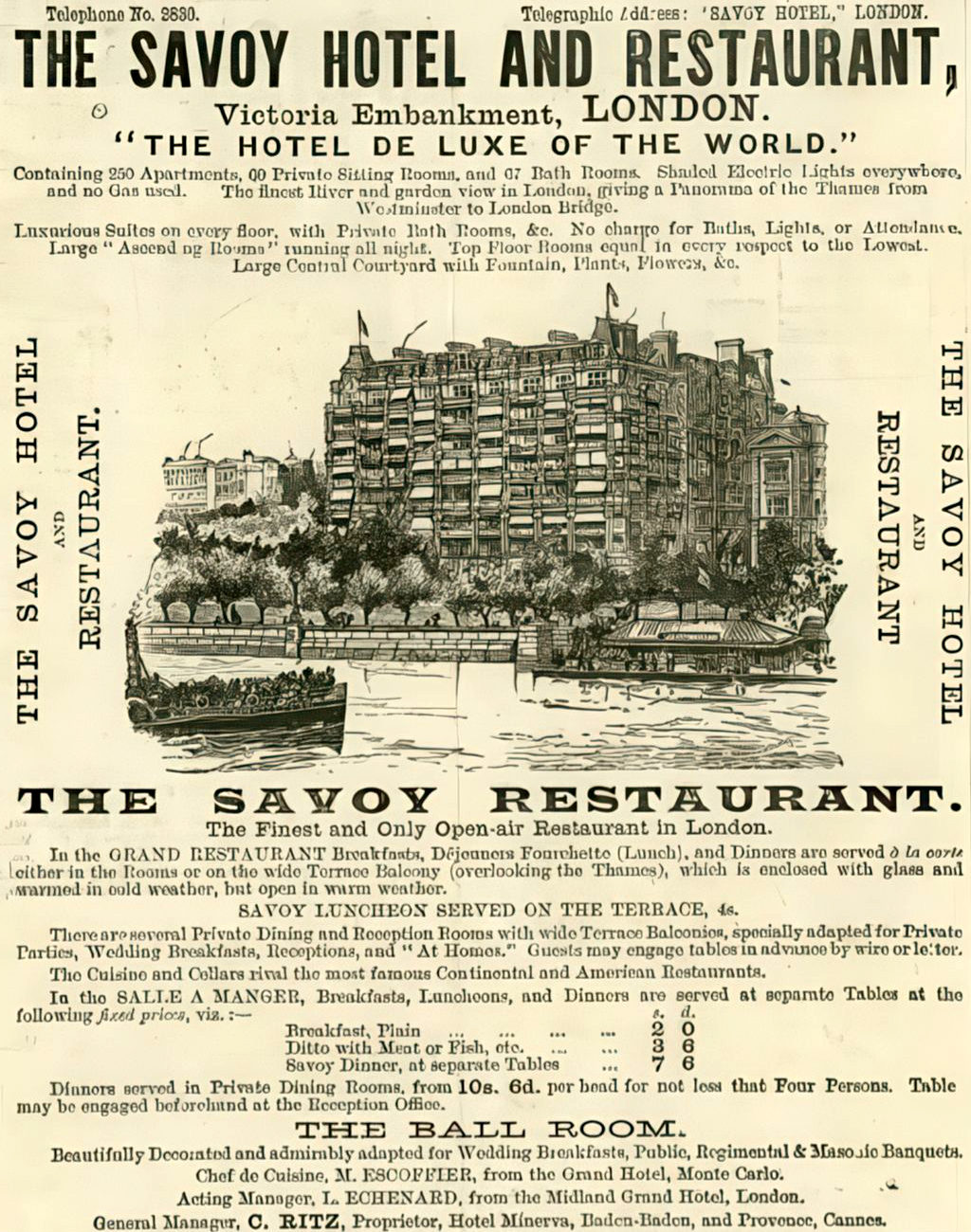 Savoy Hotel and Restaurant London - Victoria Embankment Advert (c.1900)