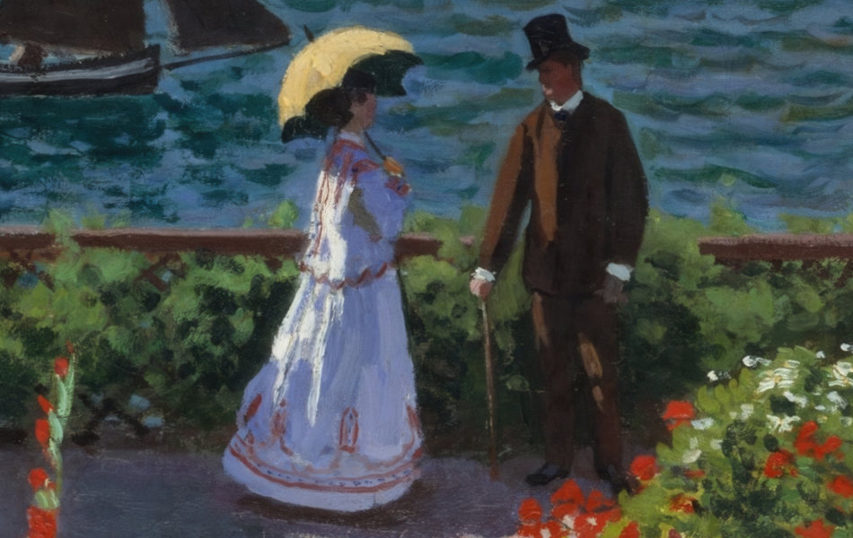 Sea horizon detail in Garden at Sainte-Adresse painting by Claude Monet