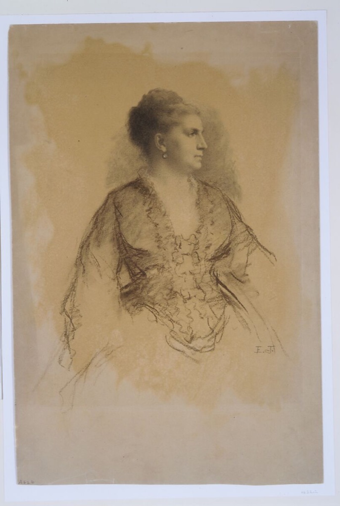 Eastman Johnson, Portrait of a Woman, a historical drawing in Charcoal and white chalk heightening on light brown textured wove paper.
