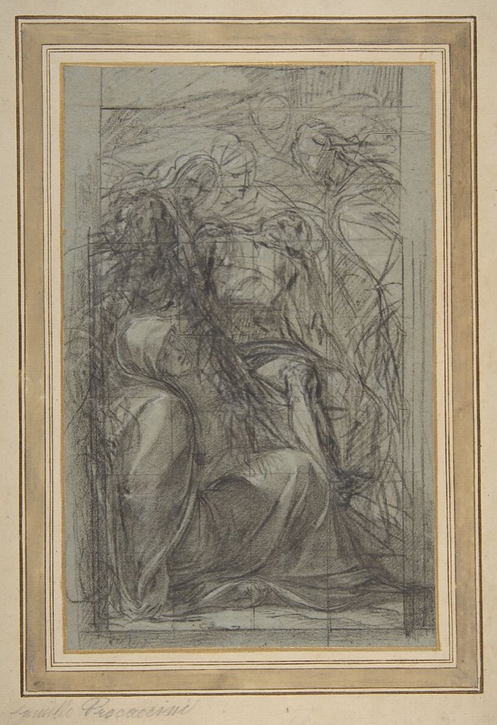 Giulio Cesare Procaccini, Study for the Pietà, a historical drawing in Charcoal, highlighted with white gouache, squared in charcoal, on blue paper.