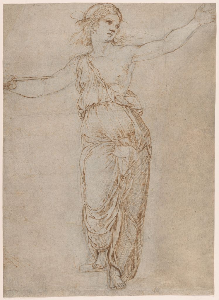 Raphael (Raffaello Sanzio or Santi), Lucretia, a historical drawing in Pen and brown ink over black chalk, partially incised with a stylus (recto); rubbed with black chalk for transfer (verso).