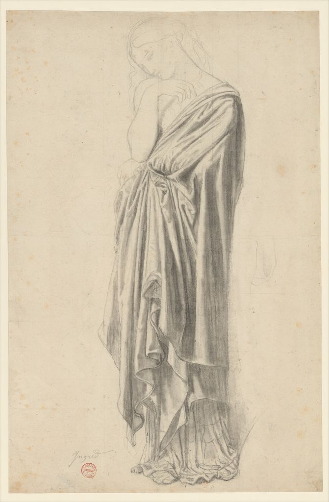 Jean Auguste Dominique Ingres, Study for the Figure of Stratonice, a historical drawing in Graphite, black chalk, and rubbed charcoal; some contours incised for transfer.