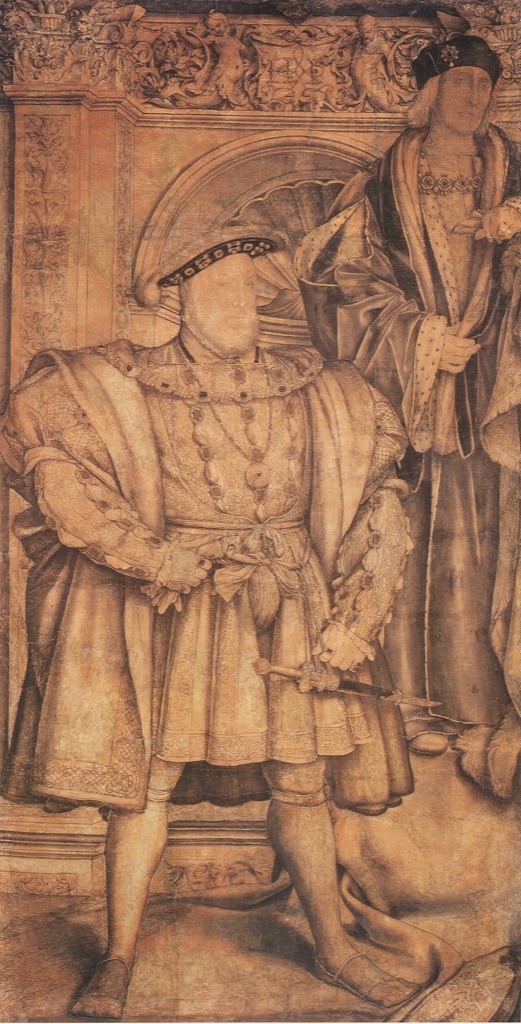 Full-length figures of Henry VIII and Henry VII stand in a monumental architectural setting