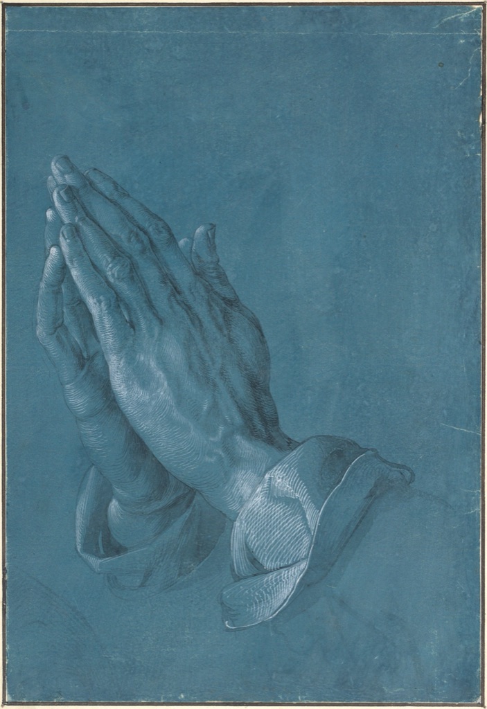 Two clasped hands rise from blue prepared paper with white highlights