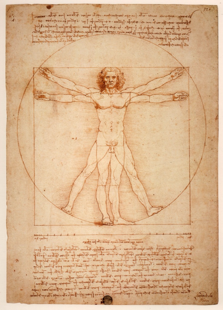 Nude male figure shown in two superimposed poses within a circle and square