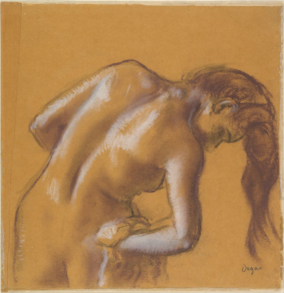 Edgar Degas, Bather Drying Herself, a historical drawing in Charcoal and pastel, heightened with white chalk, on tracing paper (mounted on cardboard).