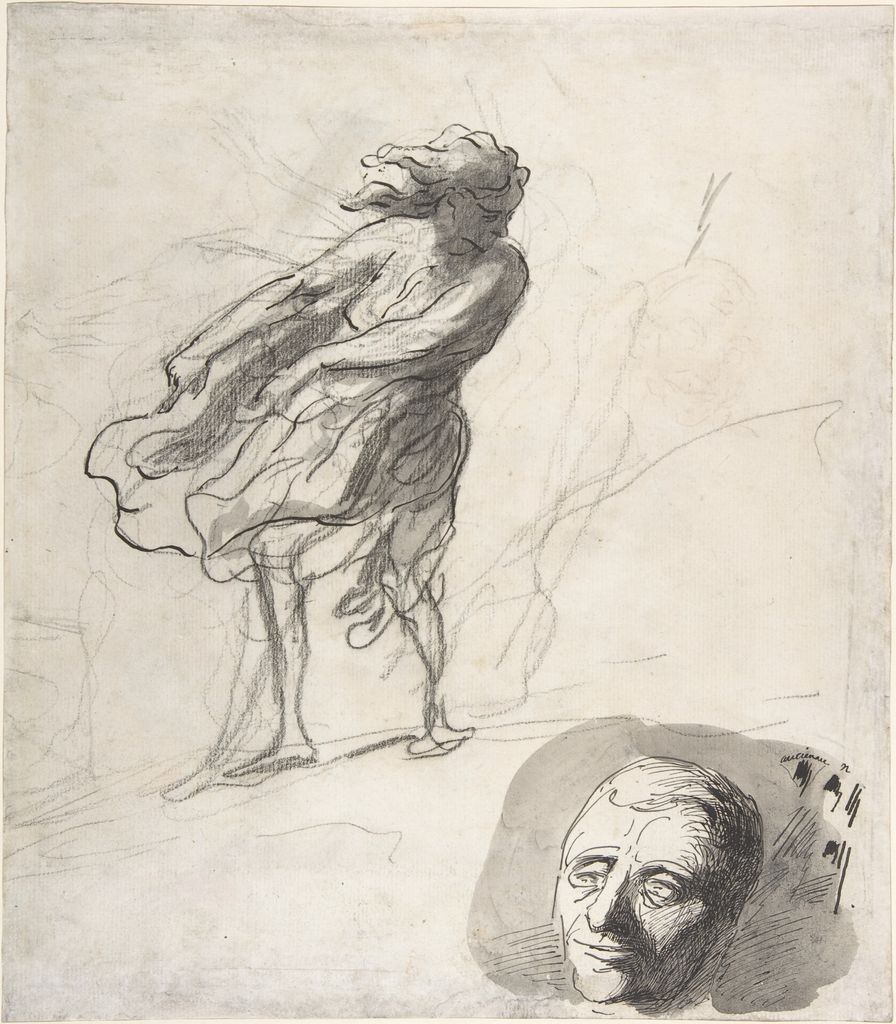 Honoré Daumier, Sheet of Studies with a Dancer, a historical drawing in Black chalk, pen and black ink, gray wash (recto); black chalk (verso).