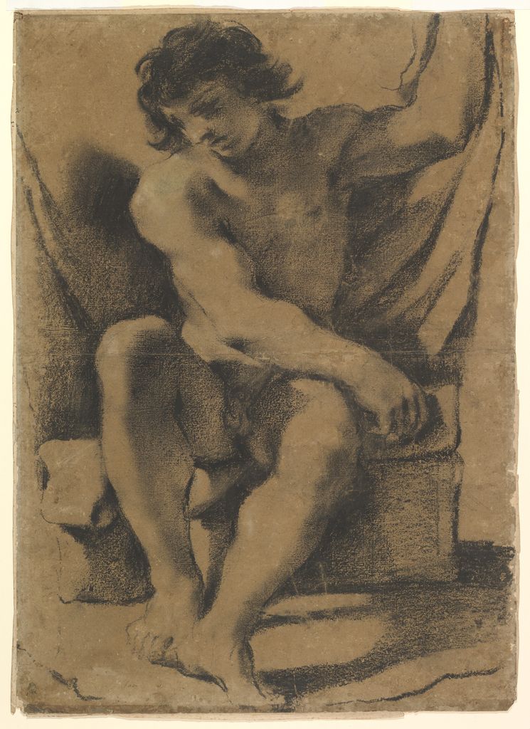 Guercino (Giovanni Francesco Barbieri), Seated Nude Young Man, a historical drawing in Modified black chalk (dipped in a gum solution), traces of white gouache highlights, on light brown paper.