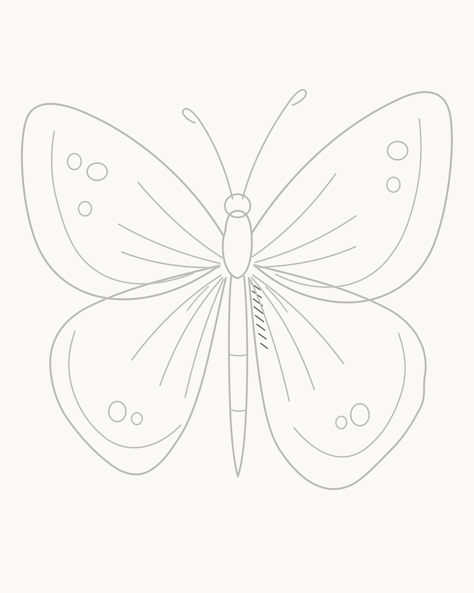 Stage 8 complete butterfly line drawing adding exactly eight short hatches beside the lower-right body