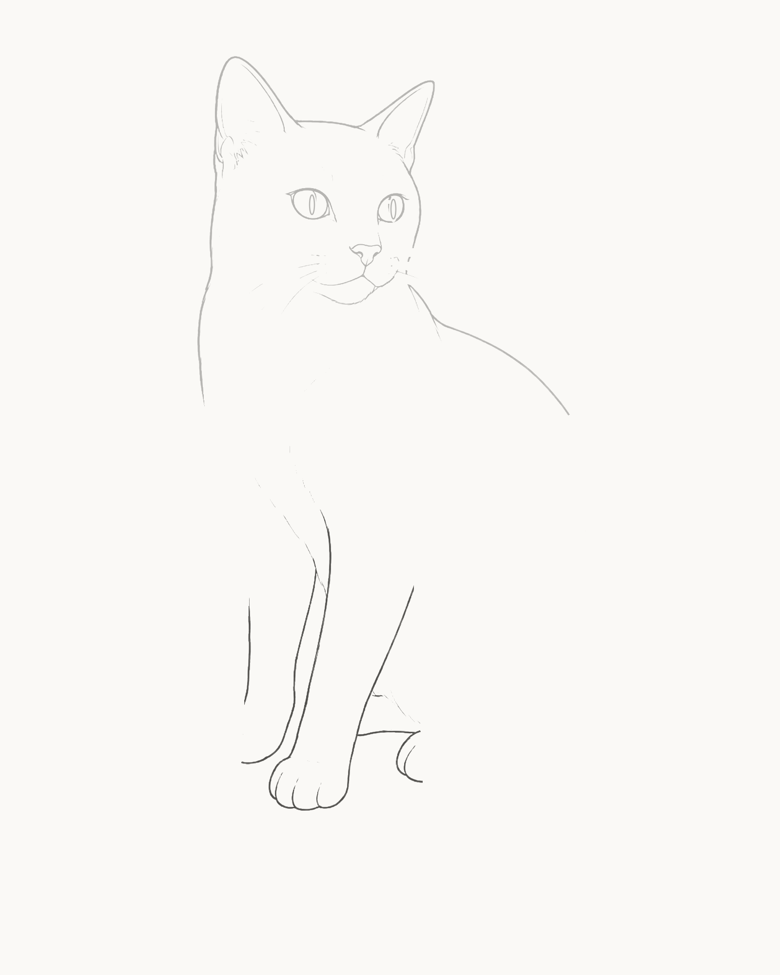 Stage 4 cat drawing adding the viewer-right tapered near foreleg, grounded three-lobed paw and toe divisions