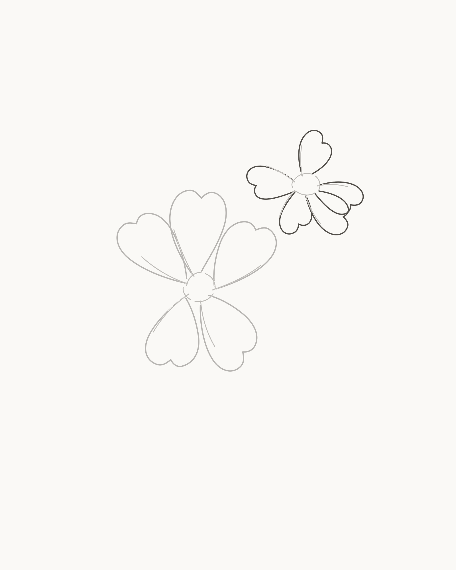Stage 4 cherry blossom drawing adding five foreshortened petals with a broad lower-front overlap