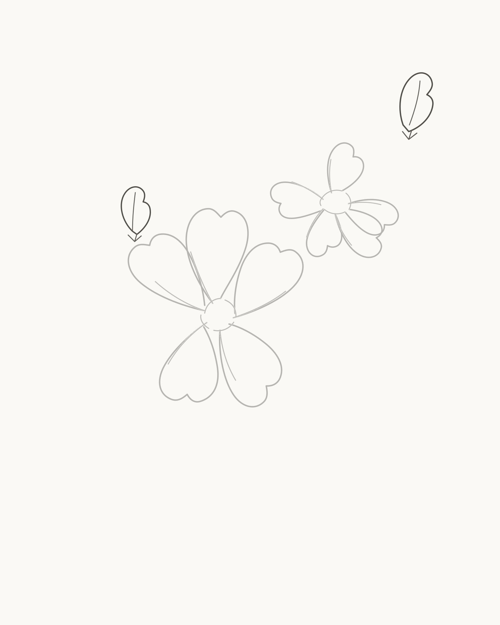 Stage 5 cherry blossom drawing adding one upper-right bud and one smaller left bud with calyx collars