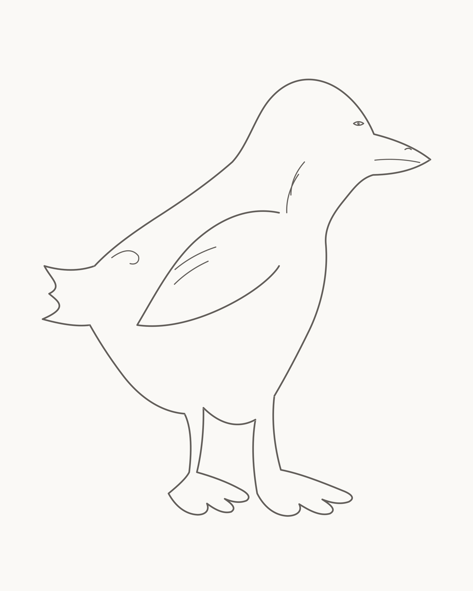 Complete clean line drawing of an adult male mallard standing in strict right-facing profile with one folded wing, an attached three-point tail, two webbed feet and five open landmarks