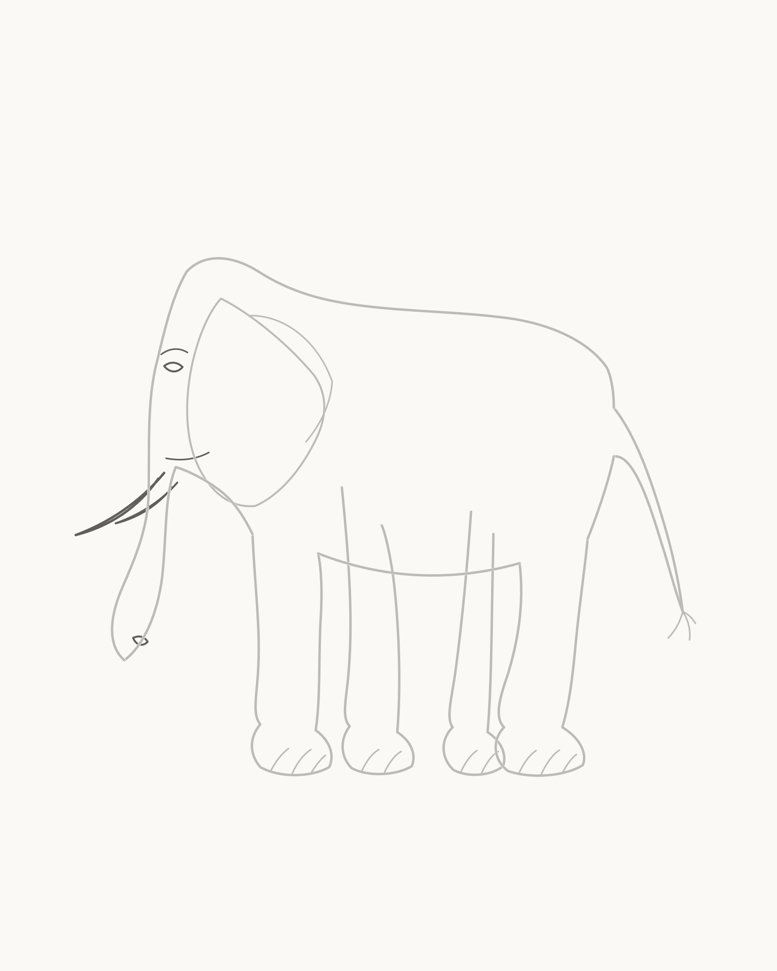 Stage 7 elephant drawing adding one visible near eye, brow crease, mouth, nostril and two unequal tusks attached at the lip