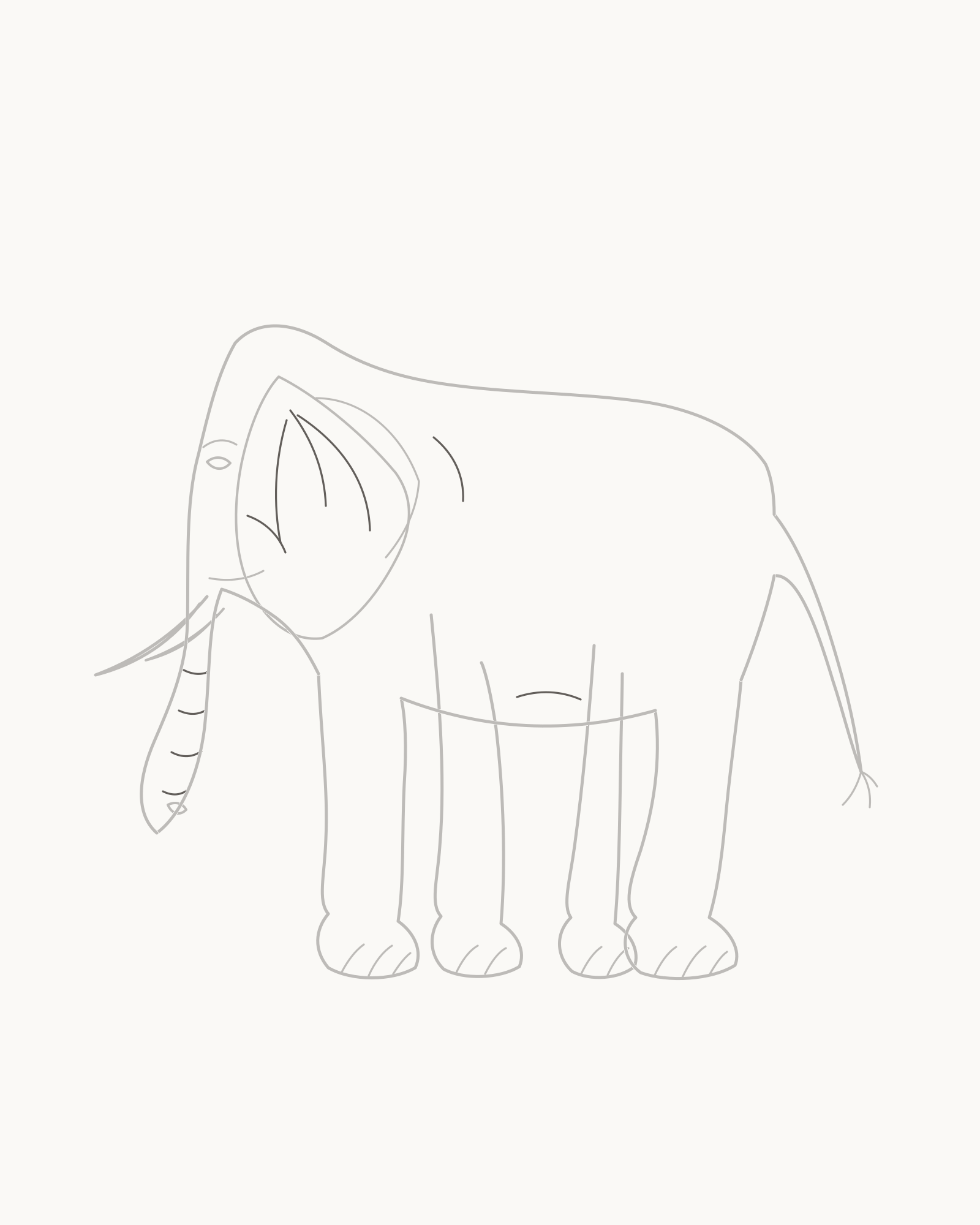 Stage 8 complete elephant line drawing adding four trunk arcs, three near-ear folds, one cheek crease, one shoulder fold and one belly fold