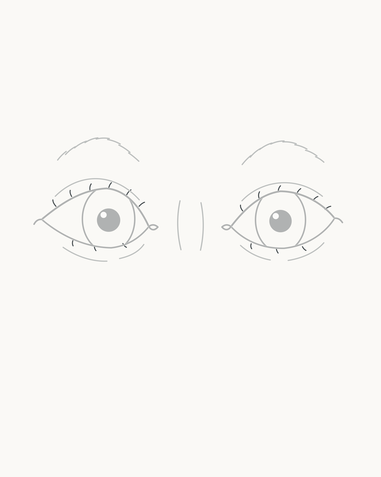 Stage 8 eye-pair drawing adding short varied lashes attached to the upper and lower lid edges