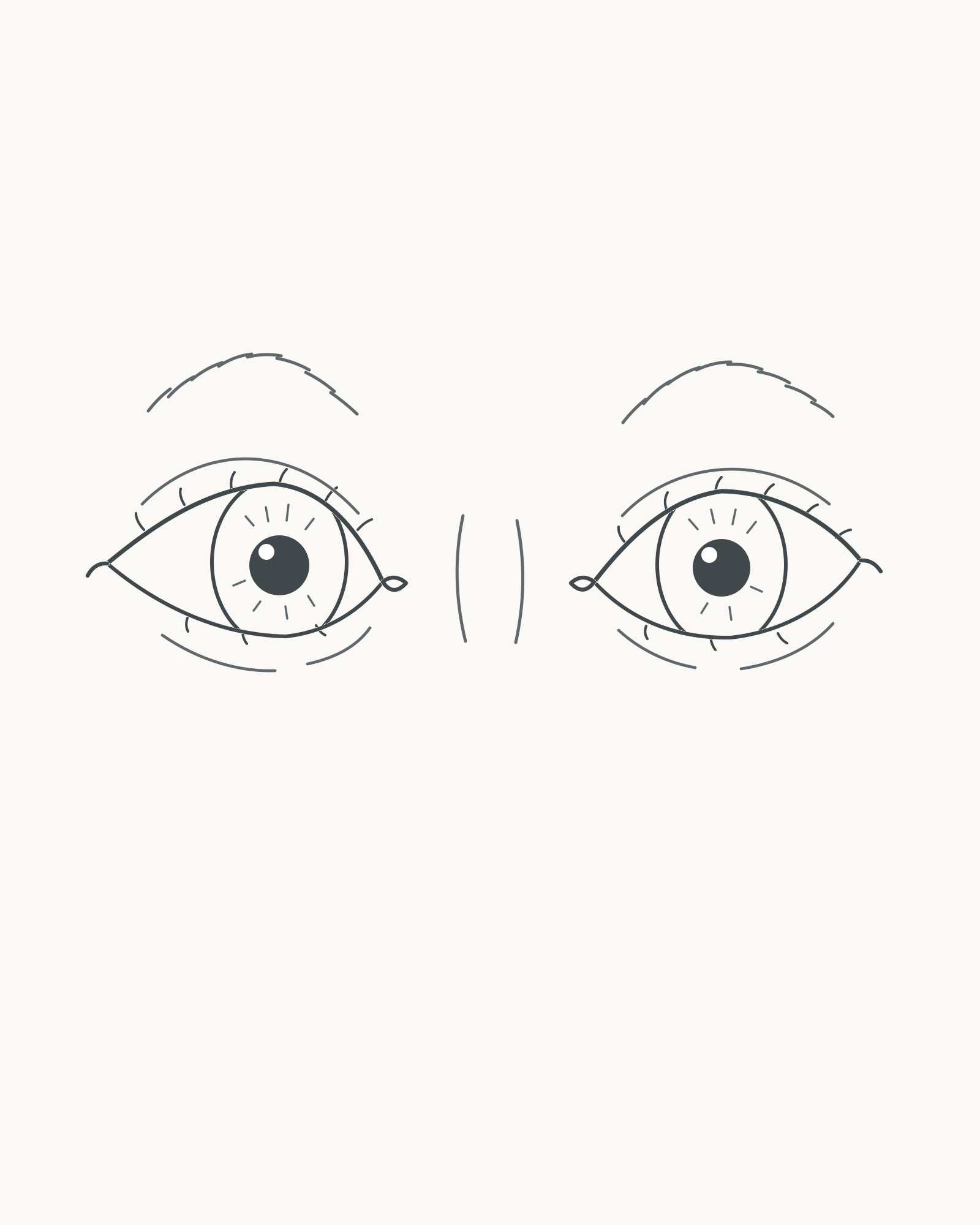 Complete front-view pair of eyes in clean pencil line with aligned irises, sparse lashes, brows and short bridge strokes