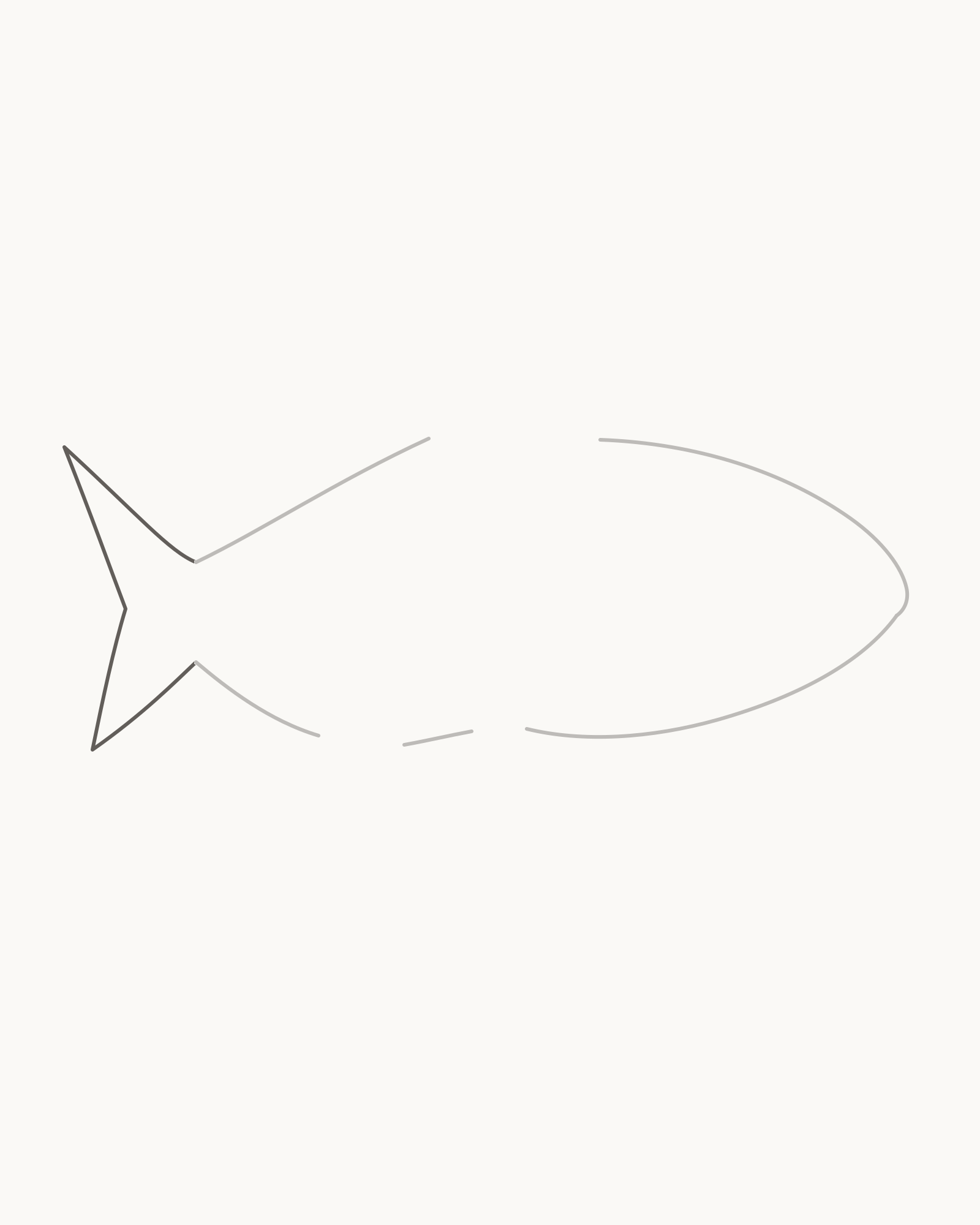 Stage 2 fish drawing adding one narrow tail base and a shallow fork with a longer upper lobe and rounder lower lobe