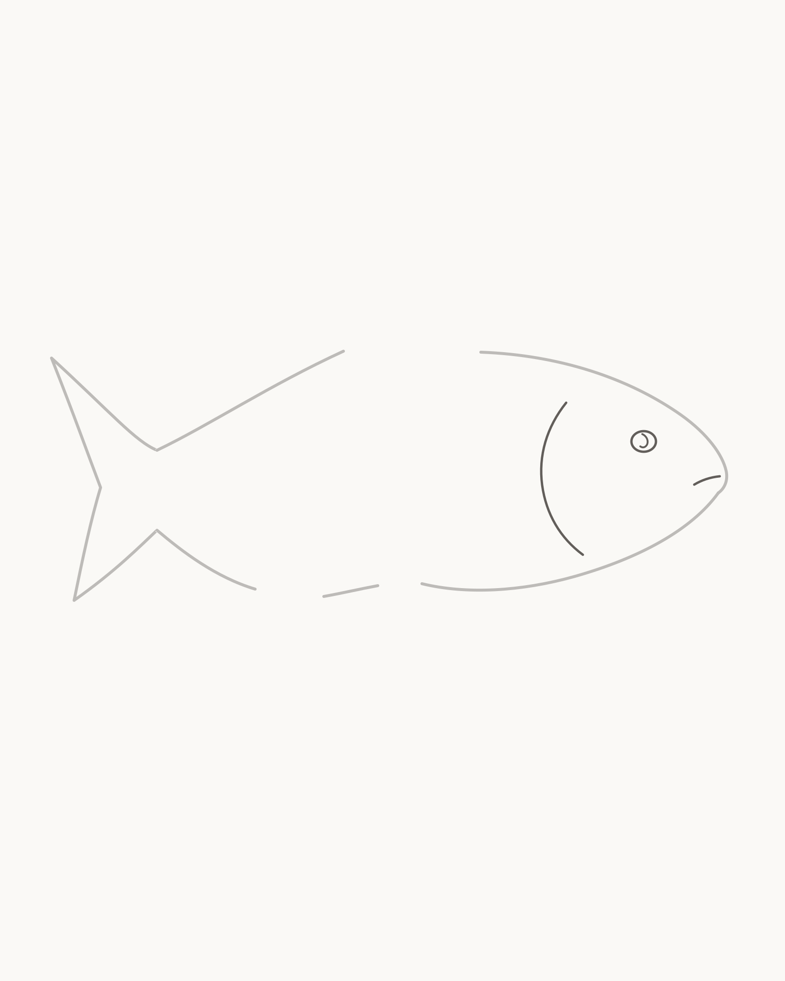 Stage 3 fish drawing adding a backward-curving gill cover, small open eye and short mouth inside the unchanged head outline