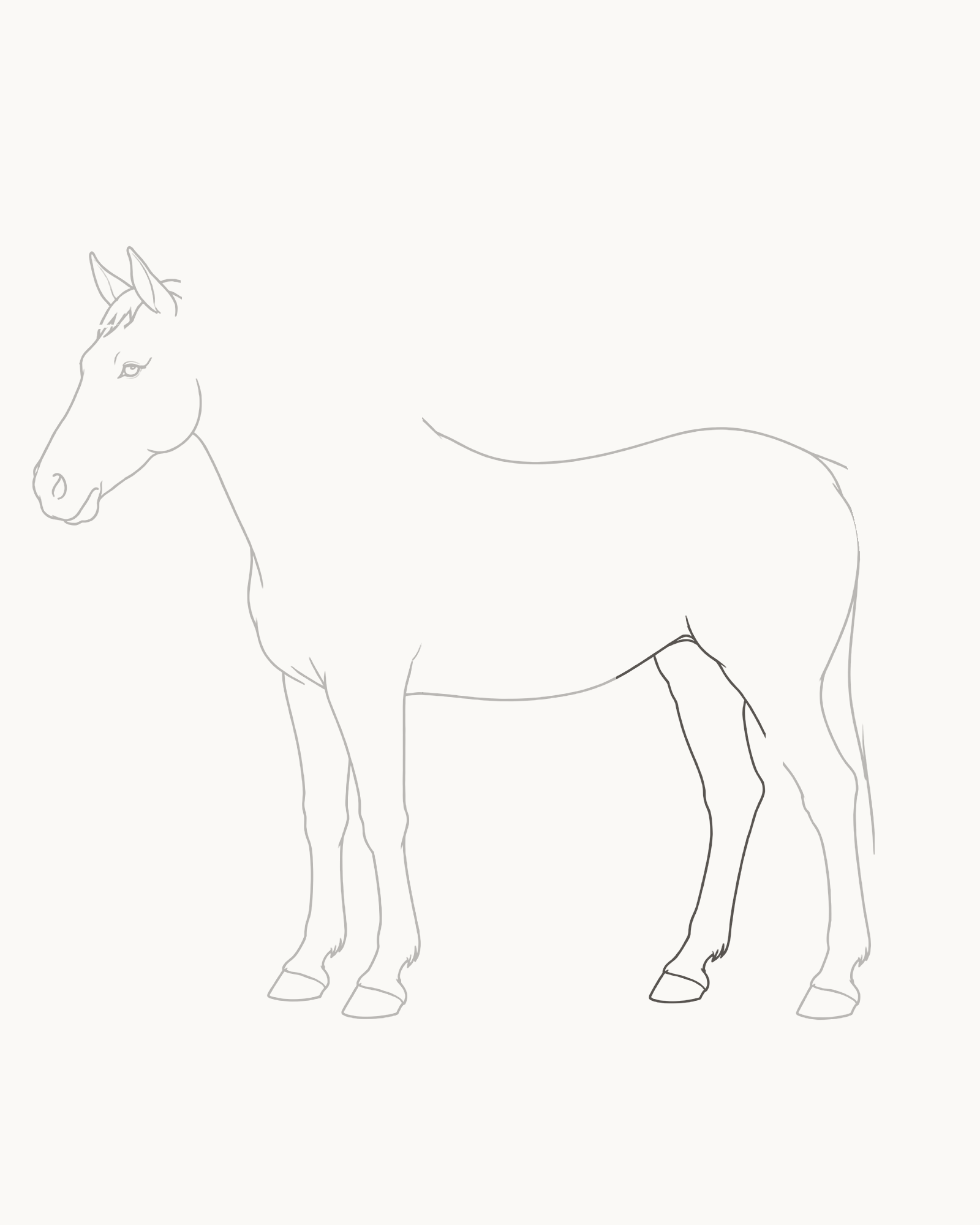 Stage 7 horse drawing adding the forward-offset far hind leg and smaller hoof followed by exactly two short underside closures
