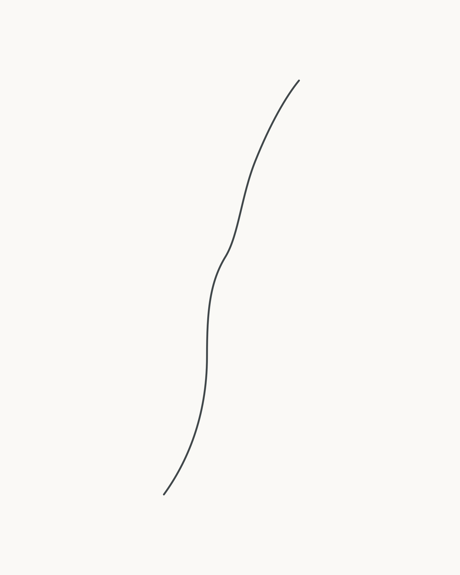 Stage 1 leaf-sprig drawing with one permanent shallow S-curve rising from lower left towards upper right